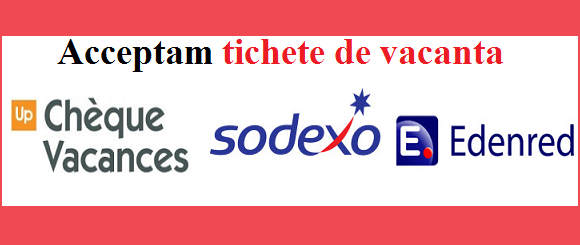 Acceptam toate tipurile de tichete si carduri de vacanta Sodexo, Edenred, Cheque Dejuner. Se emit toate documentele necesare pentru decontare (facturi, decont, bon fiscal).